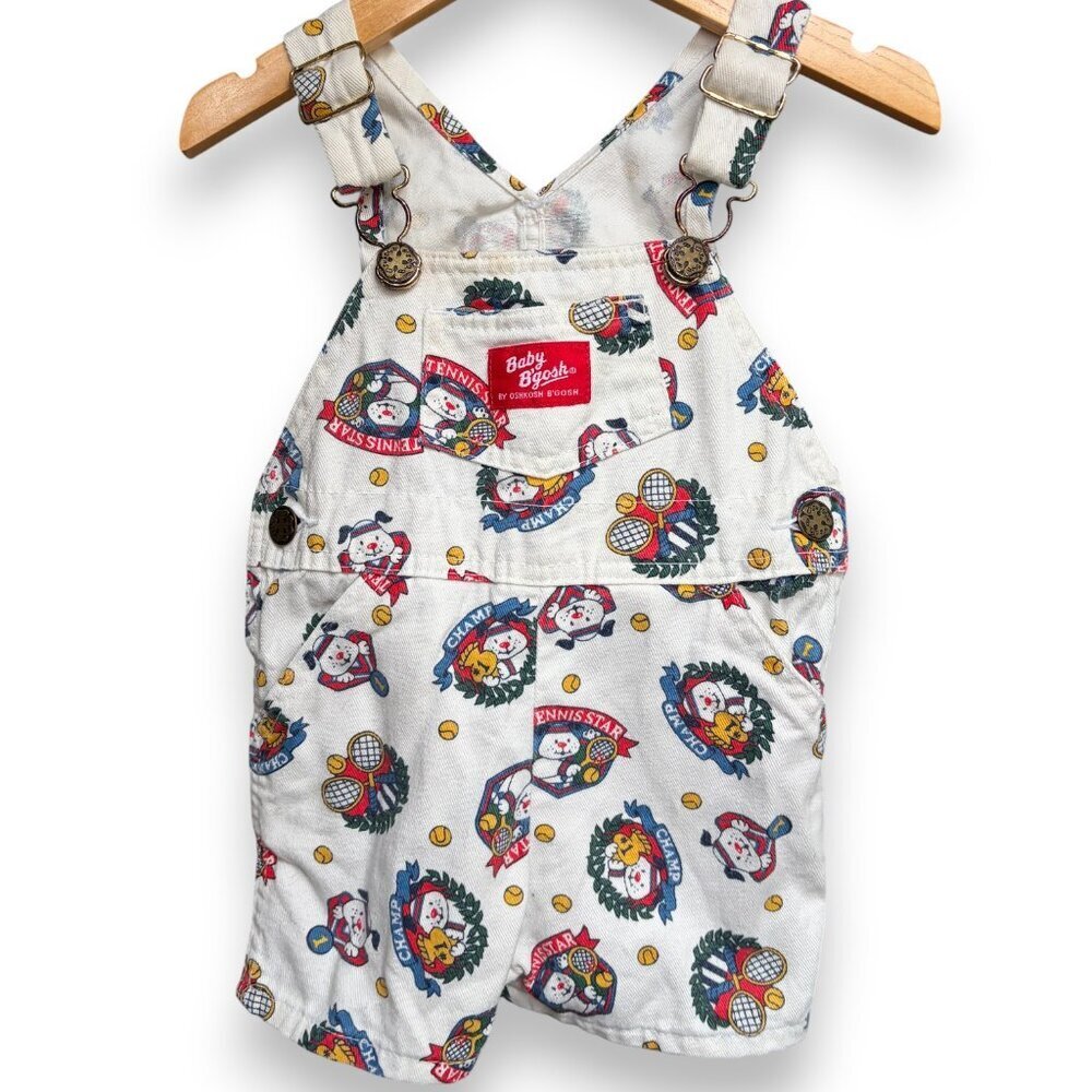 Vintage OshKosh Baby B'Gosh Overalls 80s Tennis Dog Print 18 Month Shortalls